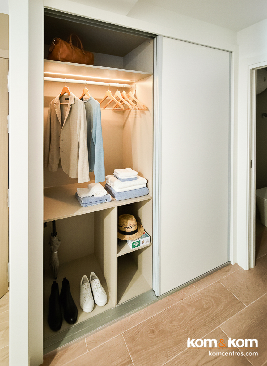 Armario empotrado a medida con puertas correderas en acabado blanco liso, dise&ntilde;ado por Kom&Kom para maximizar el aprovechamiento de espacio en la entrada de apartamentos tur&iacute;sticos Emily Suits.